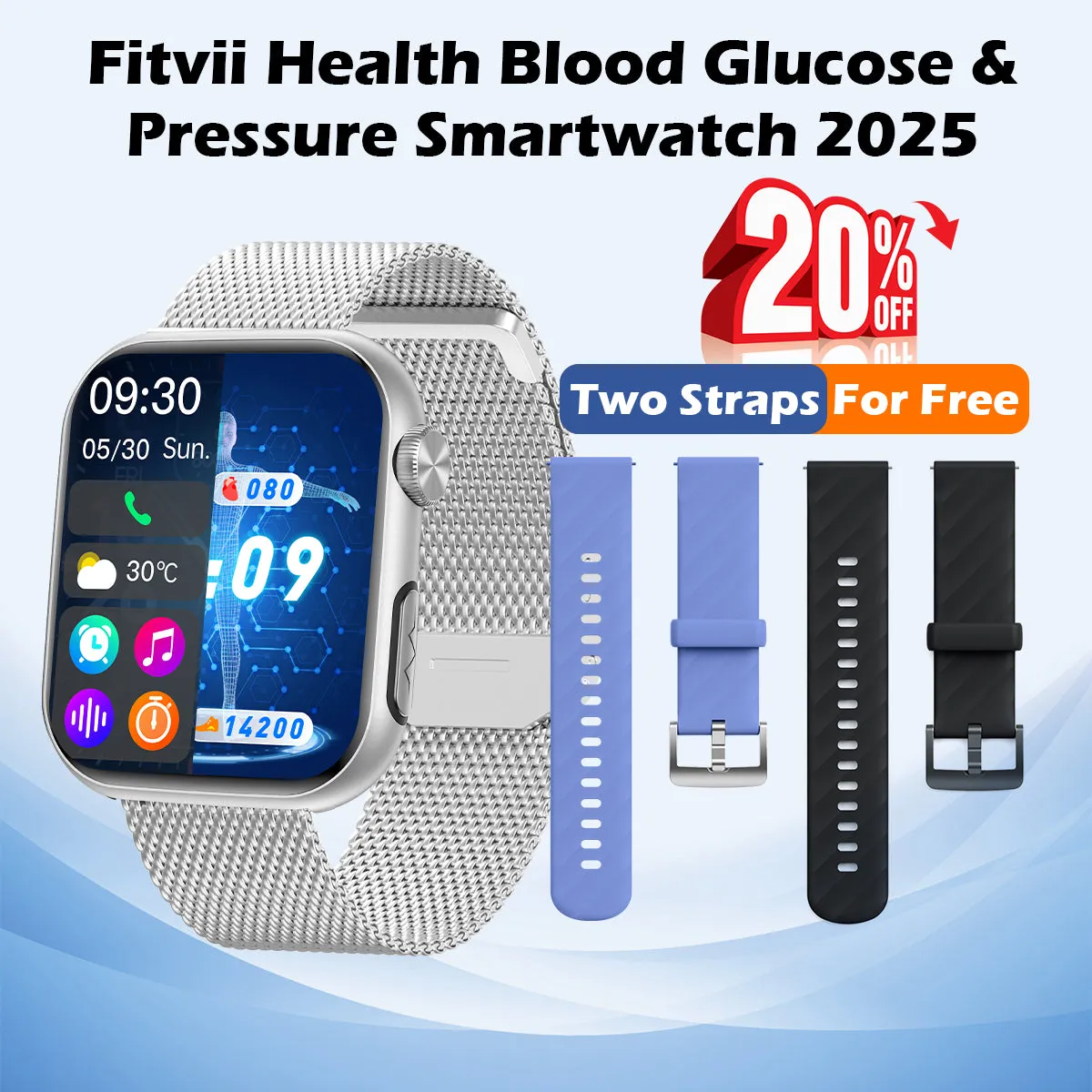 FitVII® GT5 Pro Powerful Smartwatch with 50% More Accuracy for BP BG HR ECG SPO2 TEMP Stress Monitoring with Strap gift🎁