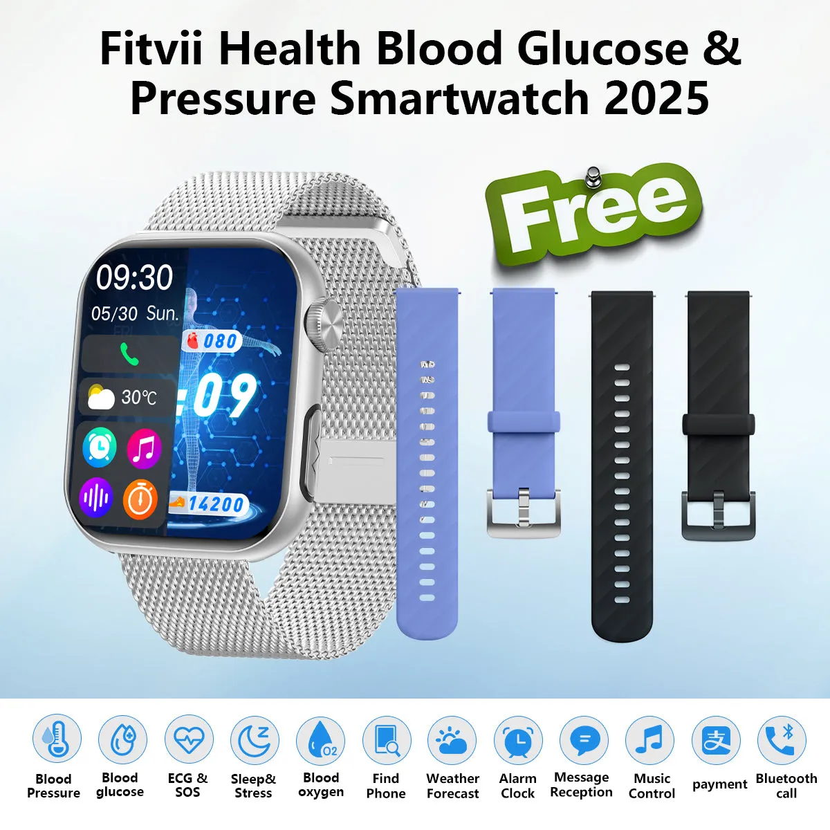 FitVII® GT5 Pro Powerful Smartwatch with 50% More Accuracy for BP BG HR ECG SPO2 TEMP Stress Monitoring with Strap gift🎁