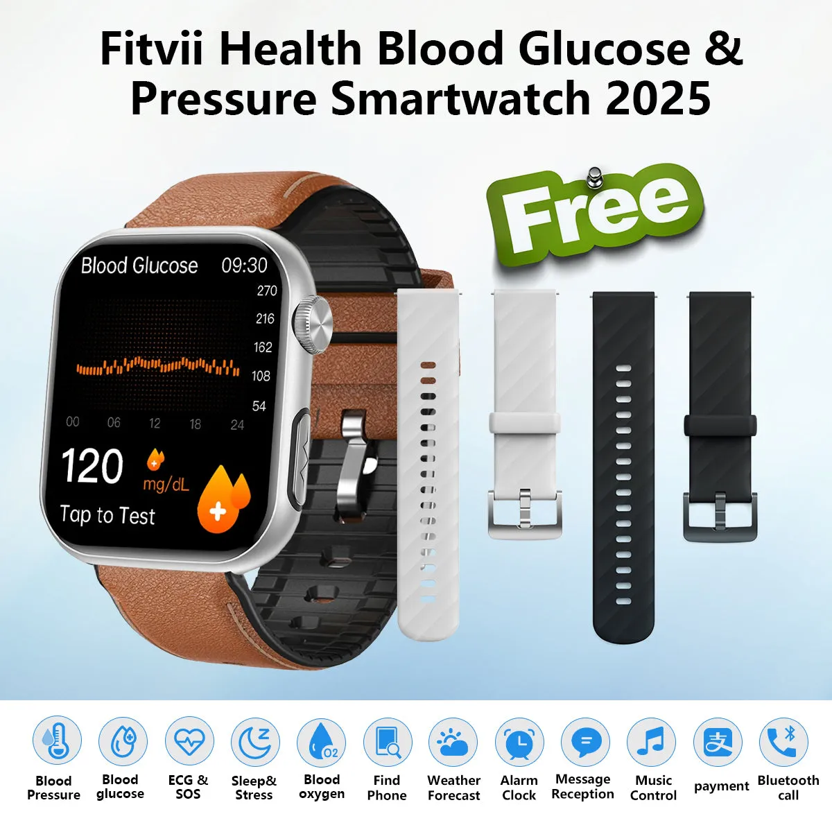 FitVII® GT5 Pro Powerful Smartwatch with 50% More Accuracy for BP BG HR ECG SPO2 TEMP Stress Monitoring with Strap gift🎁