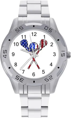 Flag Stainless Steel Metal Strap Simple Business Watches hop situate for Men Easy Reader Work Casual Watch Lacrosse U.S. 