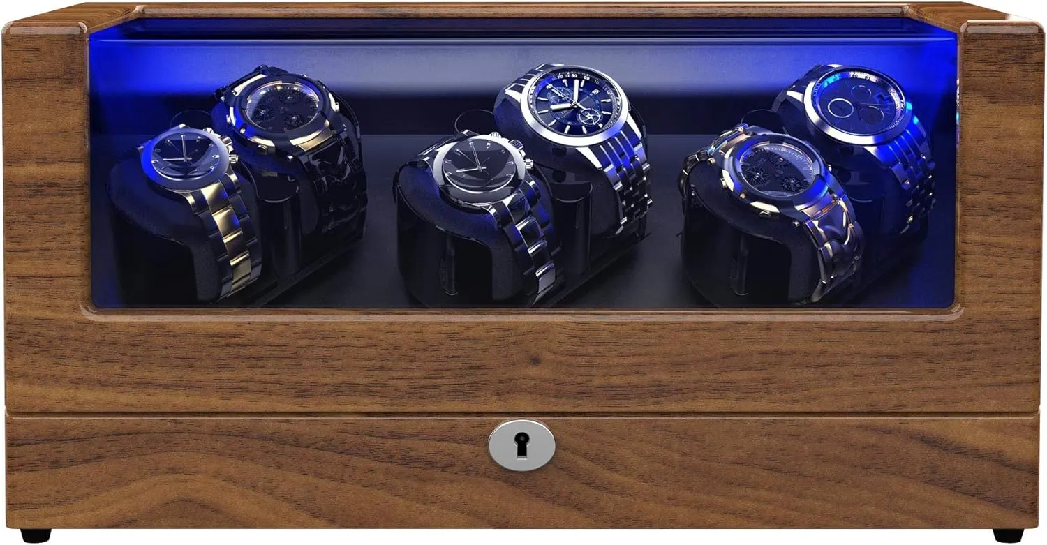 Flexible Watch Pillows, Wooden Shell, Powered momentous idiomatic pine authenticity sentimentalism knap by Japanese Motor, Built-in Blue LED Illuminated(Triple Tree) Watch Winder, for Rolex Automatic Watches with Soft and 