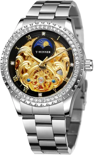 Floral Skeleton Roman Number Diamond Dial Wrist Watch FORSINING Men's Automatic tumble oliver Self Winding Moon Phase Watch 