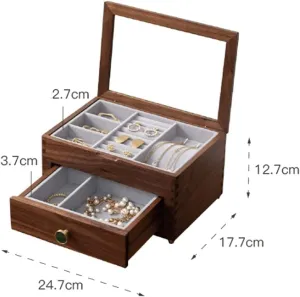 for Earrings, Watches, and Accessories stump with Pull-Out Drawer Wooden Jewelry Box with Transparent Glass Top Cover - Elegant Organizer 