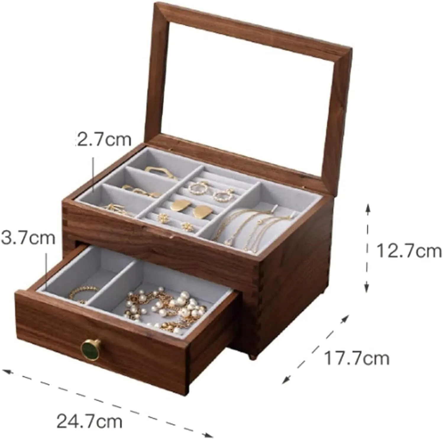 for Earrings, Watches, and Accessories stump with Pull-Out Drawer Wooden Jewelry Box with Transparent Glass Top Cover - Elegant Organizer 