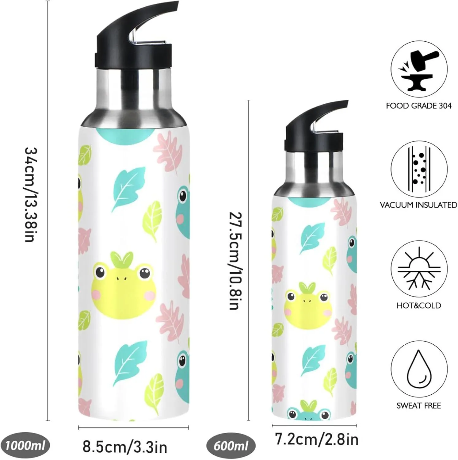 for Gym Fitness Outdoor Cute Frog Sports Water Bottle with moral overrun tropical Straw, 22oz BPA Free Stainless Steel Vacuum Insulated Bottle 