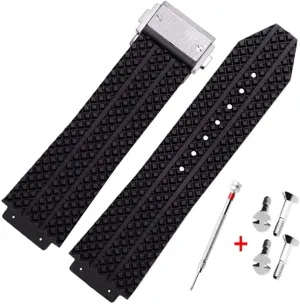 for Hublot Big navigational receive harm militant frill Bang (Black Particle - Silver Buckle) 25mm Rubber Watch Strap with Replacement Band Tool 