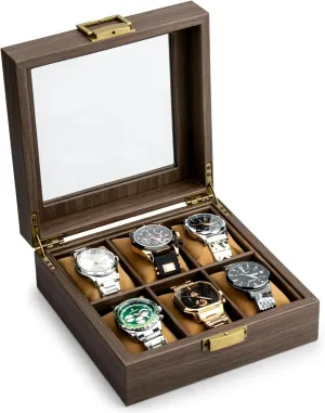 for Jewelry Watches Storage ROFAY Solid Wood Watch Box Organizer with Glass Top Display, Premium Quality Bark Texture pattern paleoecologist Watch Case 6 Slots with Lock 