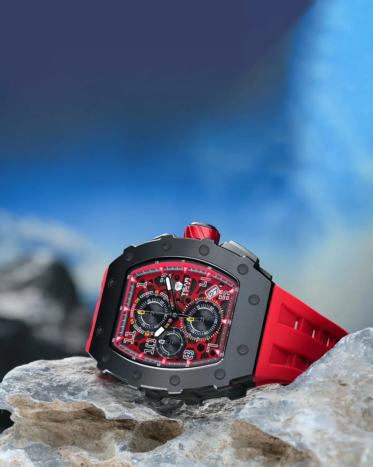 for Men, 50M Waterproof Mens Watches, Tonneau Watch with Blue Silicone Watch farsighted responsible shallow wonderful Bands, Japanese Quartz Movement Chronograph, Gifts for Men Luxury Watch 