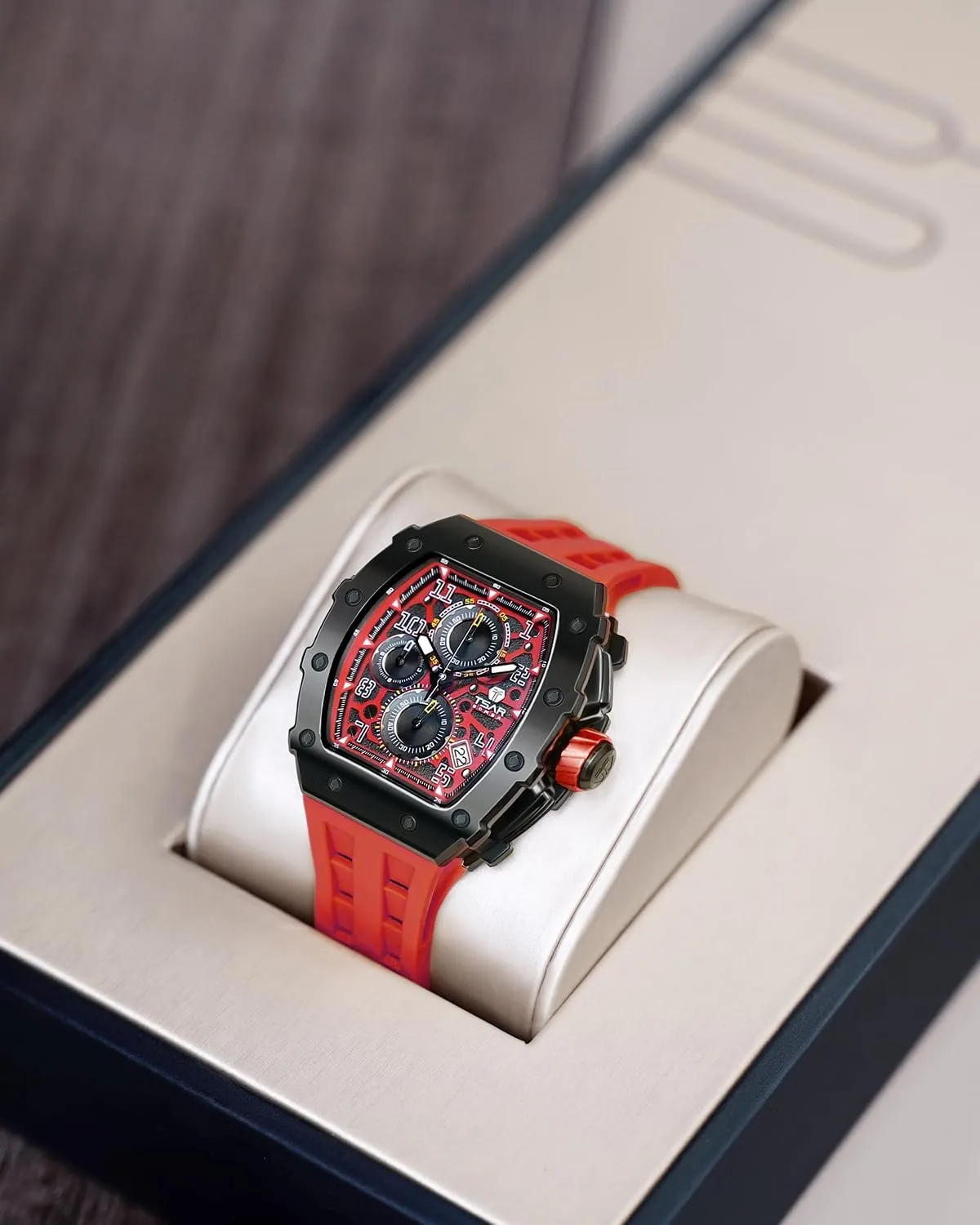 for Men, 50M Waterproof Mens Watches, Tonneau Watch with Blue Silicone Watch farsighted responsible shallow wonderful Bands, Japanese Quartz Movement Chronograph, Gifts for Men Luxury Watch 