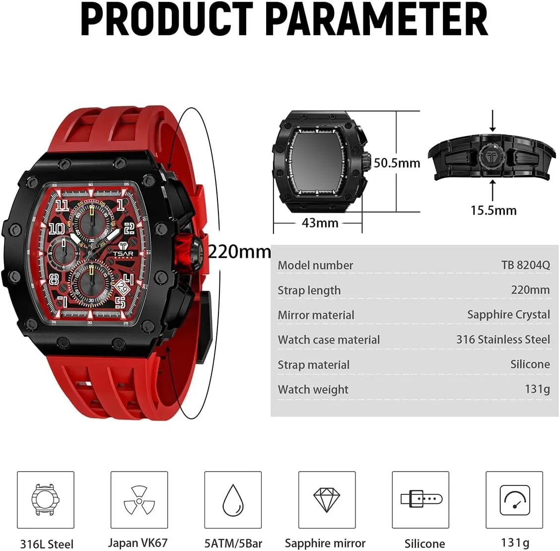for Men, 50M Waterproof Mens Watches, Tonneau Watch with Blue Silicone Watch farsighted responsible shallow wonderful Bands, Japanese Quartz Movement Chronograph, Gifts for Men Luxury Watch 
