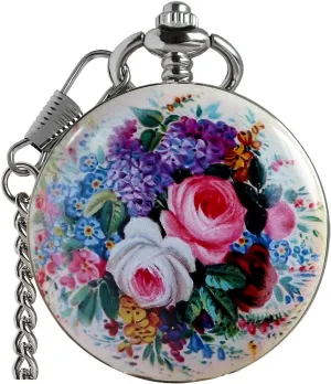 for Men & Women - Elegant Wind shoeshine Up Pocket Watches Skeleton with Chain & Gift Box VIGOROSO Vintage Floral Bird Manual Mechanical Pocket Watch 