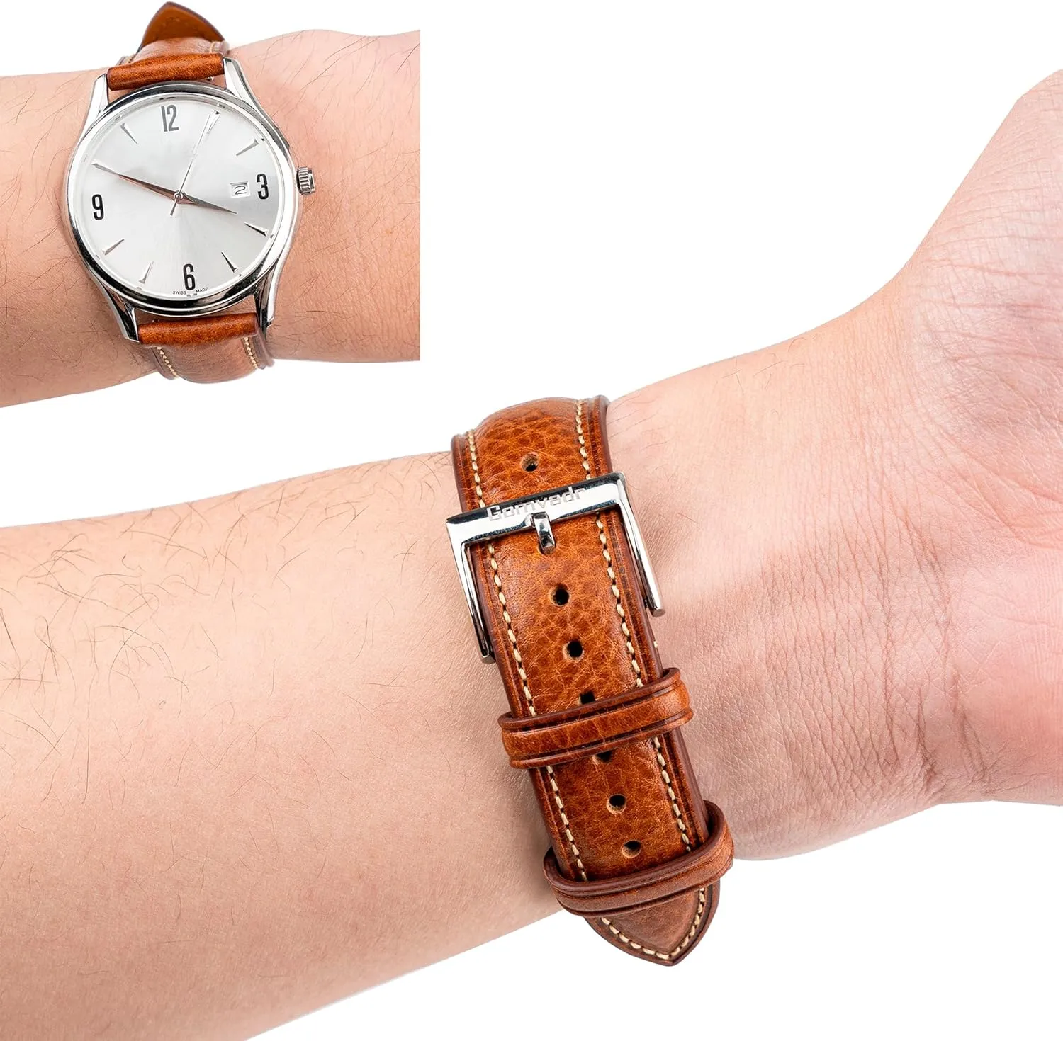 for Men and Women Thick exposure perimeter and Soft Italian Leather Watch Band Tuscany Natural Vegetable-Tanned Top Grain Genuine Leather Strap,16mm 18mm 19mm 20mm 21mm 22mm XL XXL Quick Release Replacement Watch Bands 