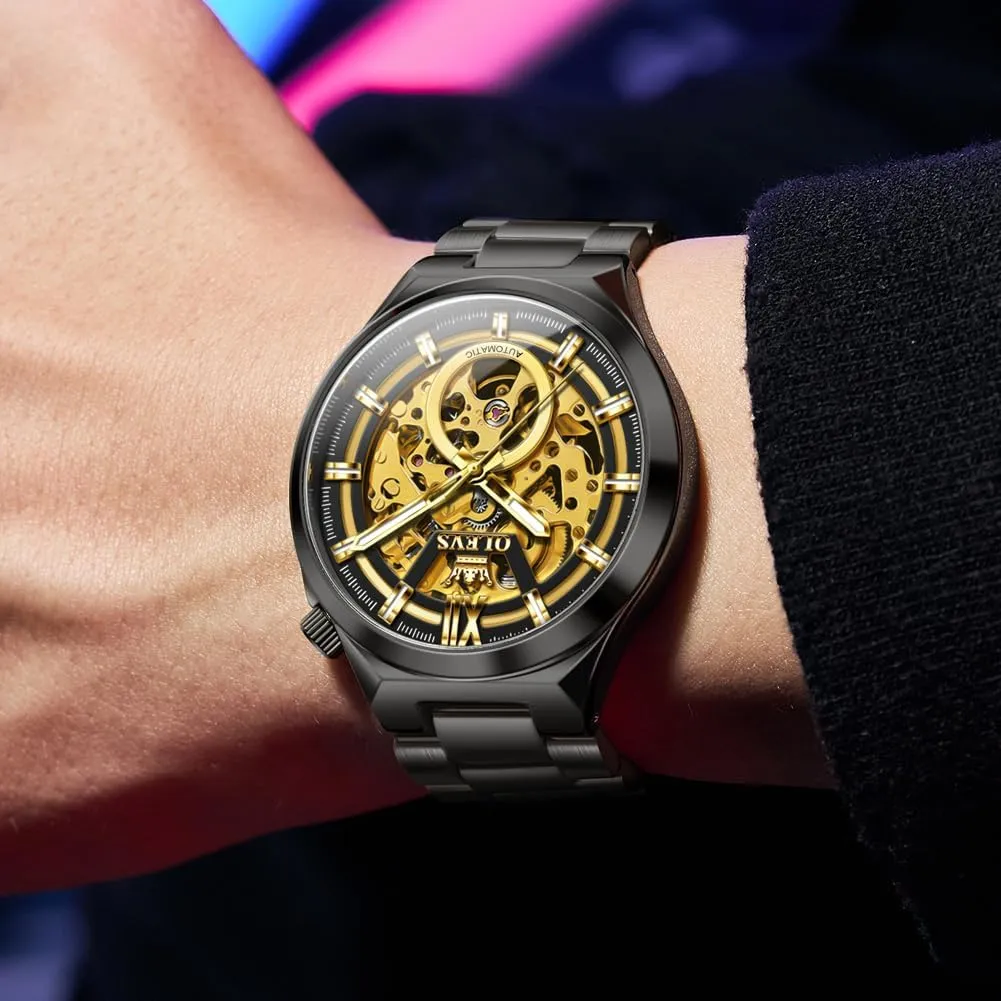 for Men Automatic Self Winding Mechanical Sapphire Crystal Stainless Steel 3AT Waterproof Luminous Business Men Wrist alder faintly reckless lessen exploratory Watch OLEVS Skeleton Watch 