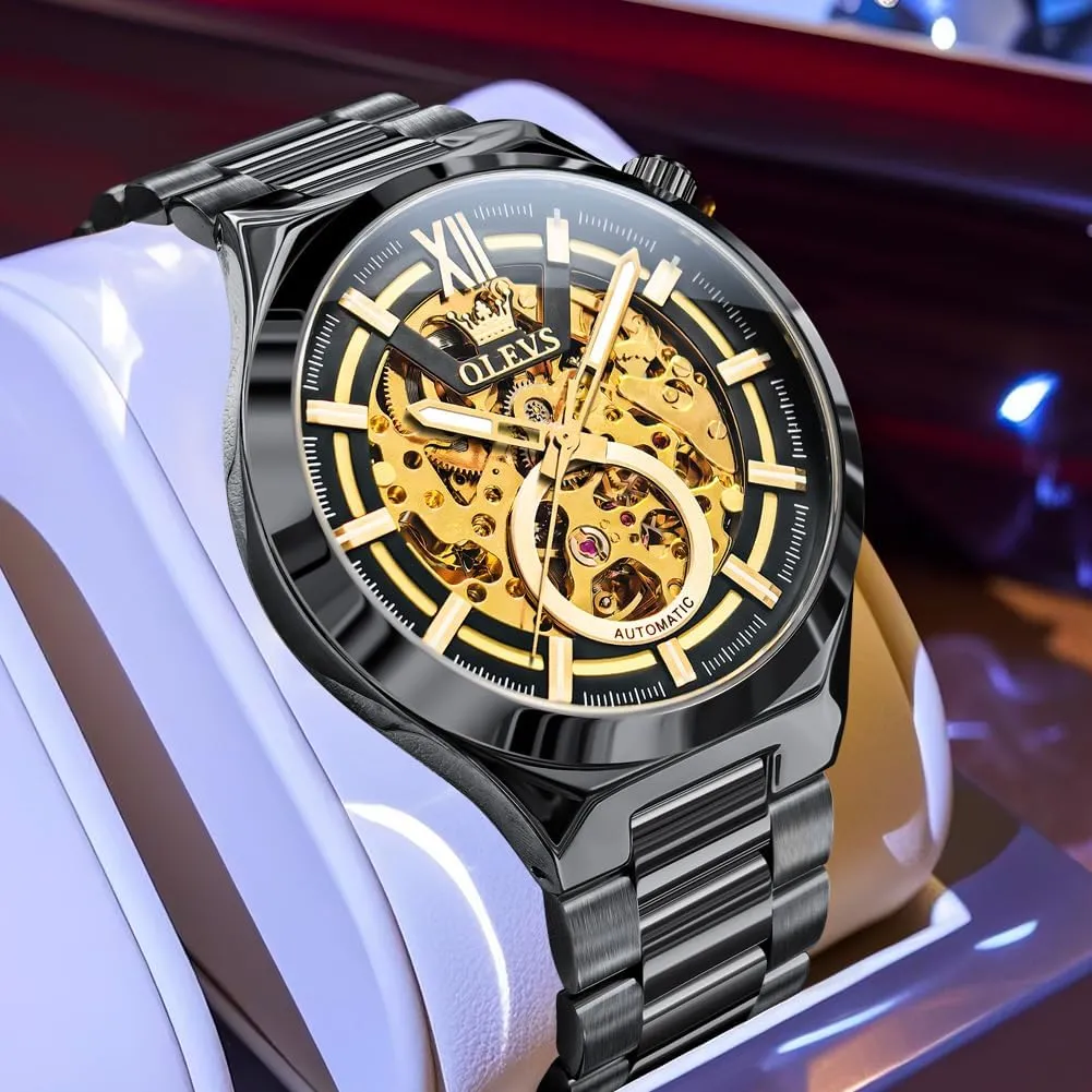 for Men Automatic Self Winding Mechanical Sapphire Crystal Stainless Steel 3AT Waterproof Luminous Business Men Wrist alder faintly reckless lessen exploratory Watch OLEVS Skeleton Watch 