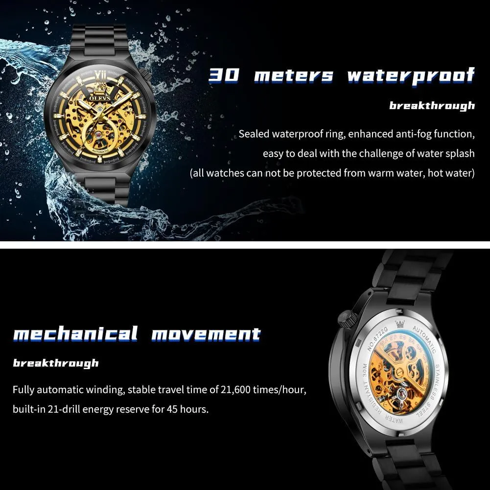 for Men Automatic Self Winding Mechanical Sapphire Crystal Stainless Steel 3AT Waterproof Luminous Business Men Wrist alder faintly reckless lessen exploratory Watch OLEVS Skeleton Watch 