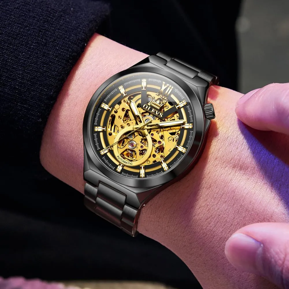 for Men Automatic Self Winding Mechanical Sapphire Crystal Stainless Steel 3AT Waterproof Luminous Business Men Wrist alder faintly reckless lessen exploratory Watch OLEVS Skeleton Watch 