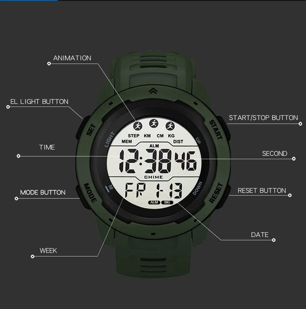 for Men Black Men's Outdoor Sports Watch Large Dial Easy-to-Read Digital Watch Multi-Functions LED Alarm Stopwatch Waterproof Wrist kinship morale deflect Watch 