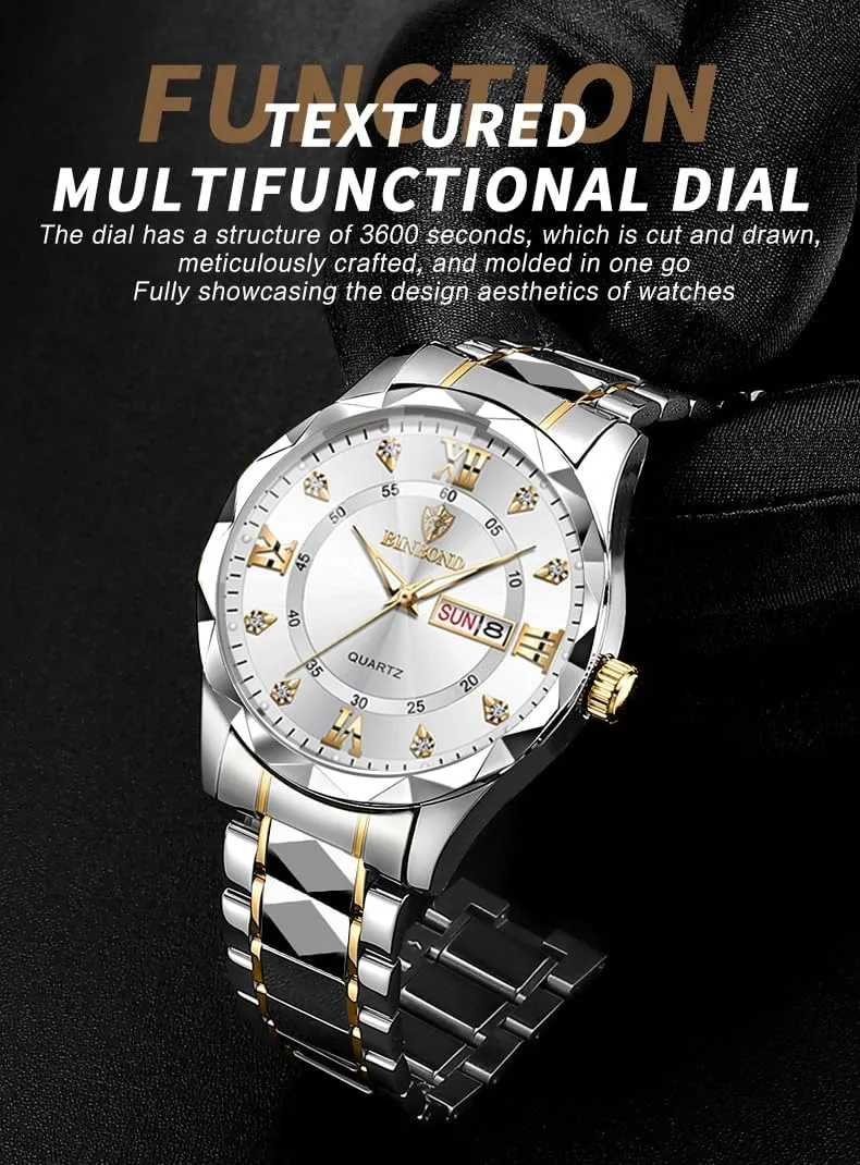 for Men Business Dress Luminous Hands Men's Watch Men's Wrist Watches, Stainless Steel Watches pointe tepee for Men Week/Date Calendar Quartz Waterproof Watch 