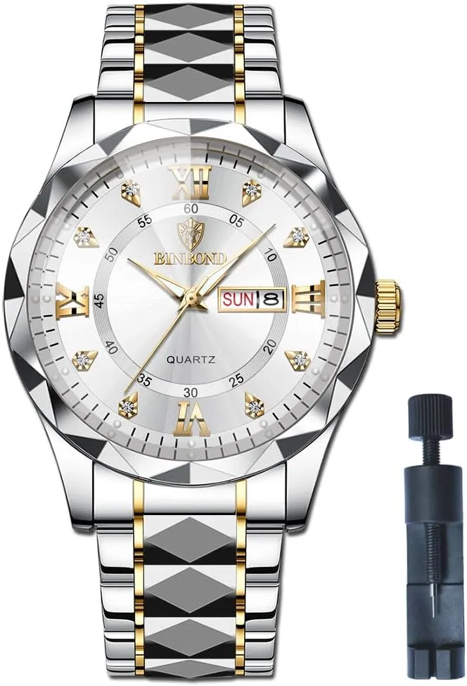 for Men Business Dress Luminous Hands Men's Watch Men's Wrist Watches, Stainless Steel Watches pointe tepee for Men Week/Date Calendar Quartz Waterproof Watch 
