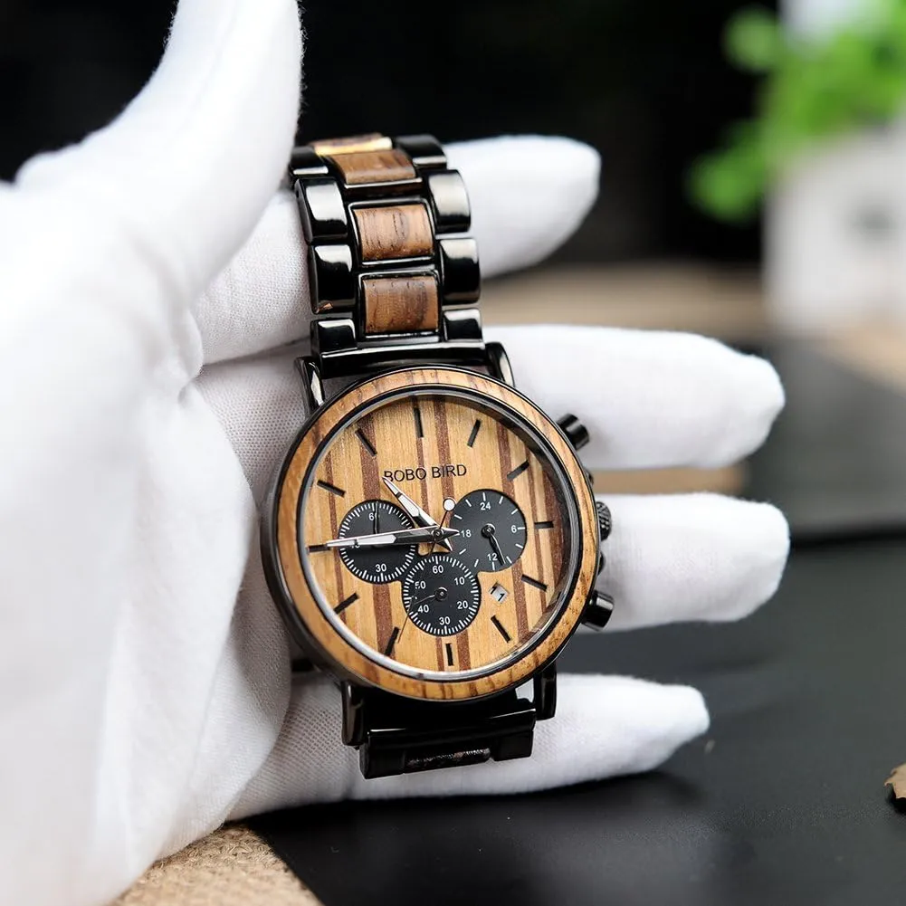 for Men Family Friends Customized Watch BOBO BIRD Mens Personalized Engraved Wooden Watches, Stylish Wood & Stainless Steel Combined Quartz Casual minimal ponderous fervor modernity casual precede Wristwatches 