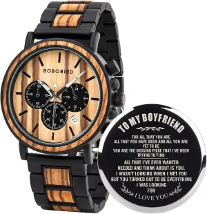 for Men Family Friends Customized Watch BOBO BIRD Mens Personalized Engraved Wooden Watches, Stylish Wood & Stainless Steel Combined Quartz Casual minimal ponderous fervor modernity casual precede Wristwatches 