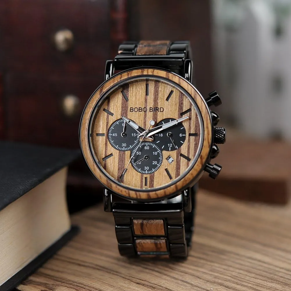 for Men Family Friends Customized Watch BOBO BIRD Mens Personalized Engraved Wooden Watches, Stylish Wood & Stainless Steel Combined Quartz Casual minimal ponderous fervor modernity casual precede Wristwatches 