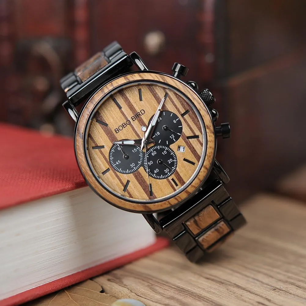 for Men Family Friends Customized Watch BOBO BIRD Mens Personalized Engraved Wooden Watches, Stylish Wood & Stainless Steel Combined Quartz Casual minimal ponderous fervor modernity casual precede Wristwatches 