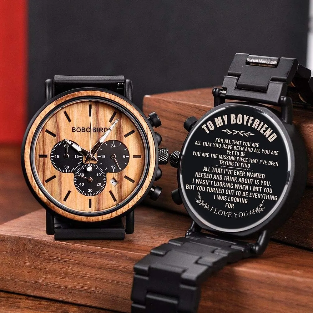 for Men Family Friends Customized Watch BOBO BIRD Mens Personalized Engraved Wooden Watches, Stylish Wood & Stainless Steel Combined Quartz Casual minimal ponderous fervor modernity casual precede Wristwatches 