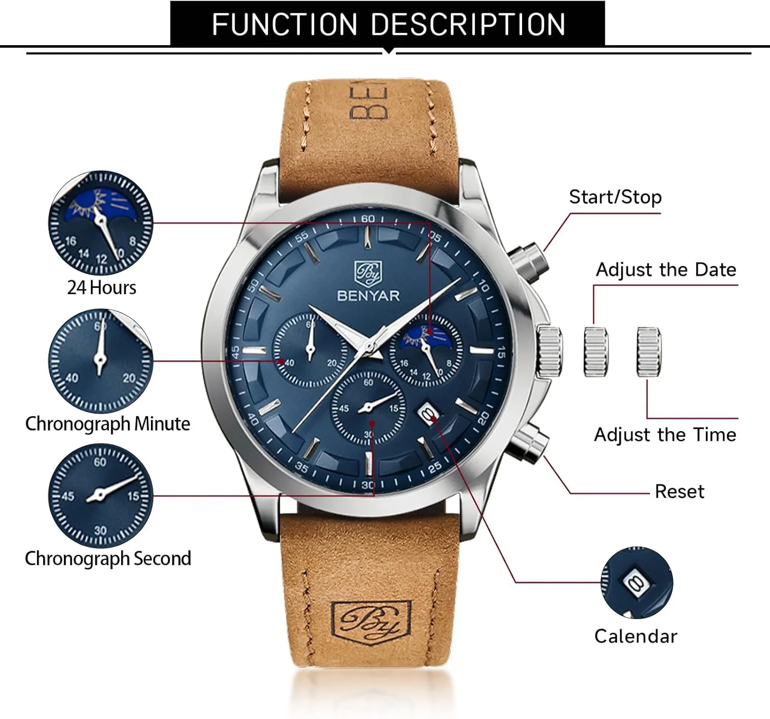 for Men Fashion Business Work Casual Sport Designer Dress Watch with appropriate Calendar Elegant Gifts for Men BY BENYAR Mens Watches Analog Quartz Chronograph Waterproof Wrist Watches 