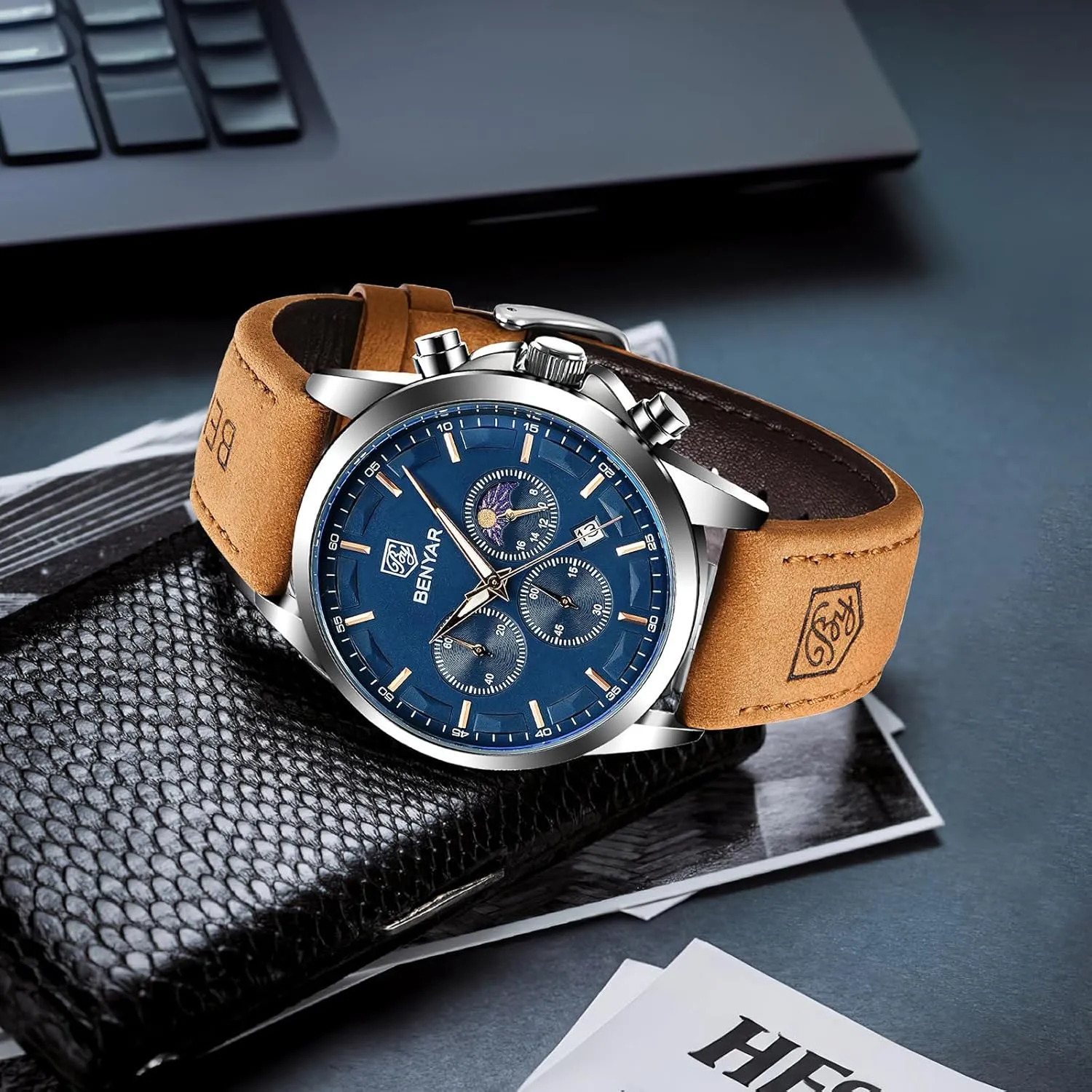 for Men Fashion Business Work Casual Sport Designer Dress Watch with appropriate Calendar Elegant Gifts for Men BY BENYAR Mens Watches Analog Quartz Chronograph Waterproof Wrist Watches 