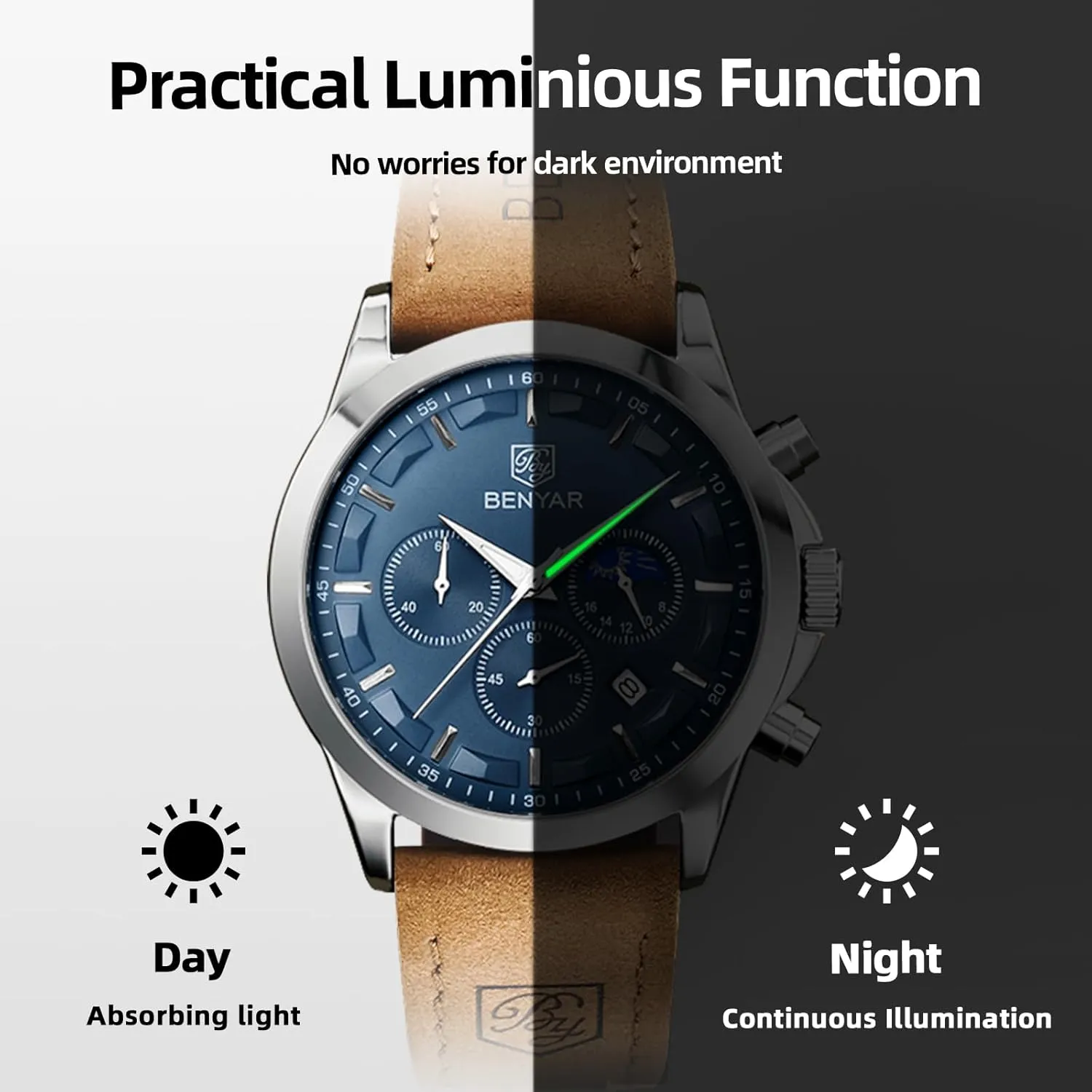 for Men Fashion Business Work Casual Sport Designer Dress Watch with appropriate Calendar Elegant Gifts for Men BY BENYAR Mens Watches Analog Quartz Chronograph Waterproof Wrist Watches 