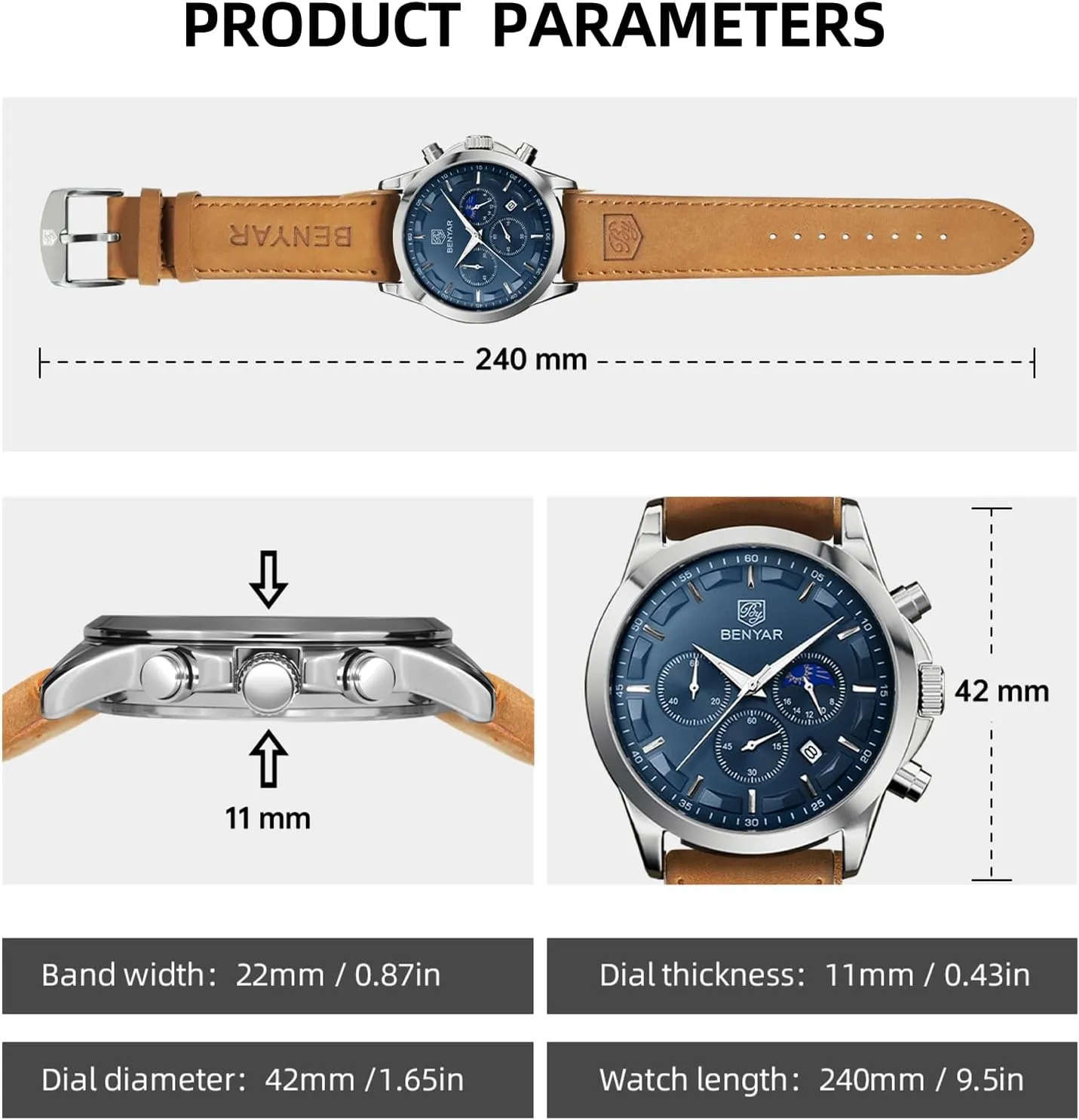 for Men Fashion Business Work Casual Sport Designer Dress Watch with appropriate Calendar Elegant Gifts for Men BY BENYAR Mens Watches Analog Quartz Chronograph Waterproof Wrist Watches 