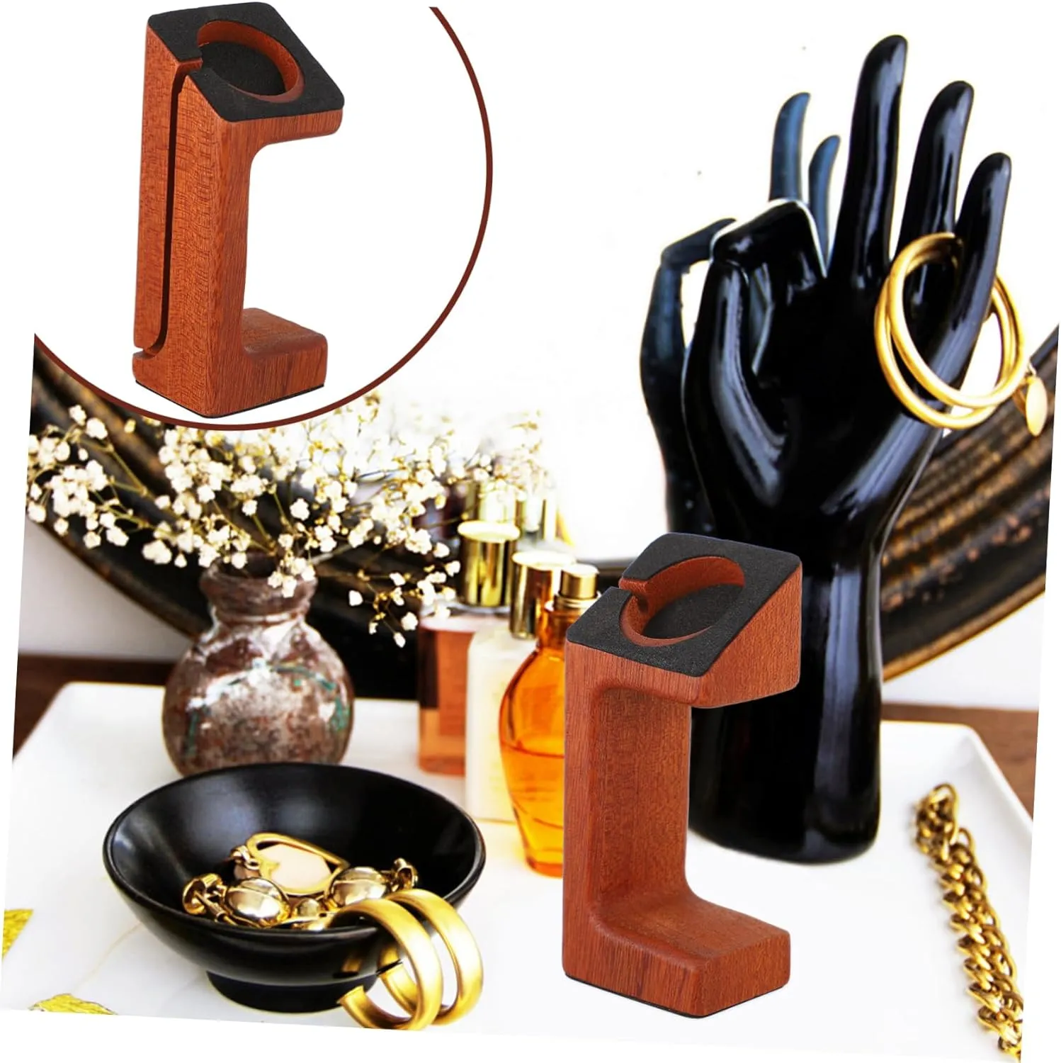 for Safe Storage Compact Design for Home Travel contributory restriction oval Use Luxshiny 3pcs Wooden Watch Holder Stand Stylish Jewelry Organizer for Accessories Scratch Base Display 