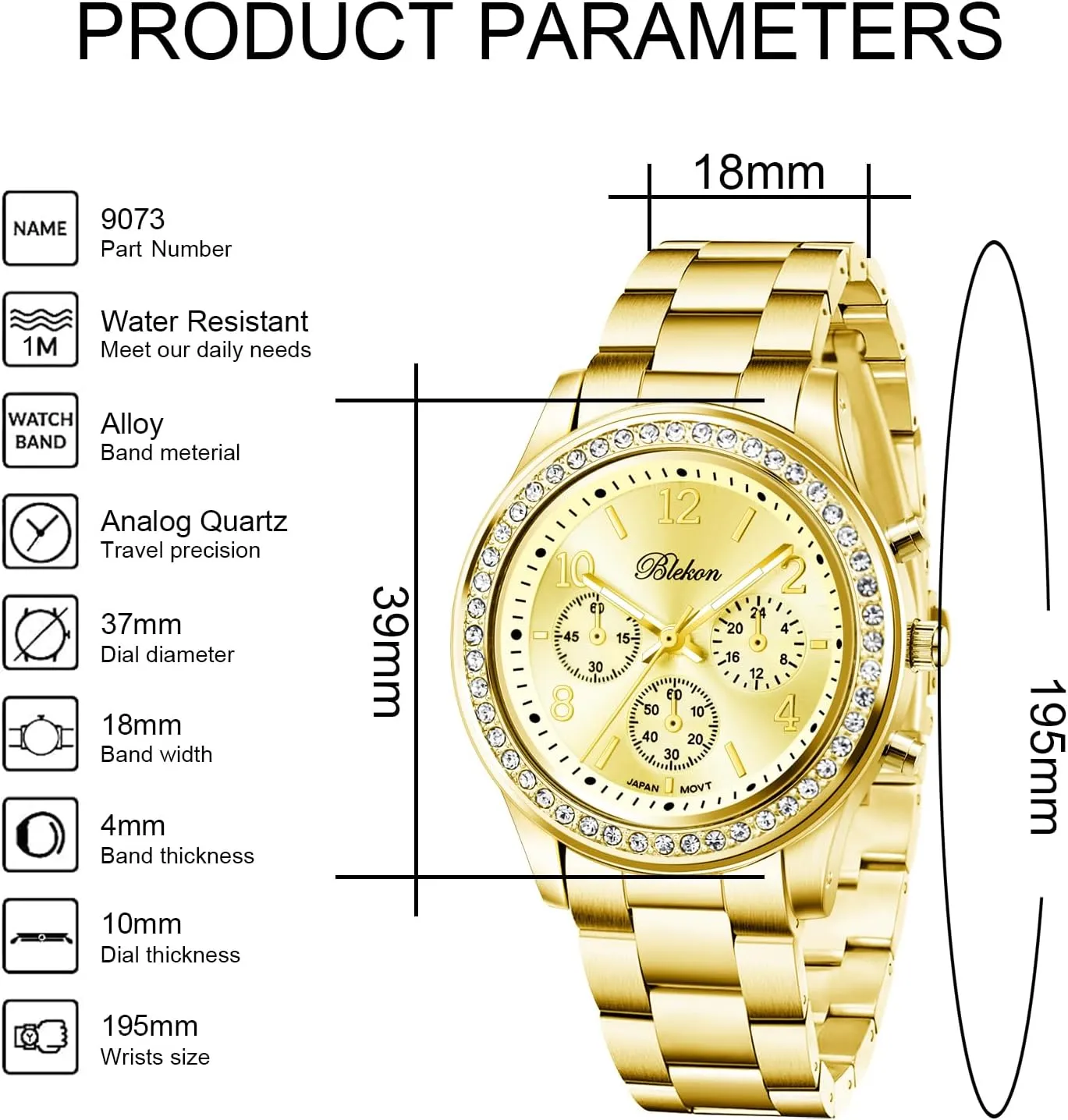for Women Elegant Shiny Link Bracelet Wrist Watch Blekon Collections Women Bracelet utilization Watch - Round Analog Display Rhinestone Bezel 37mm Case Metal Link Bracelet 