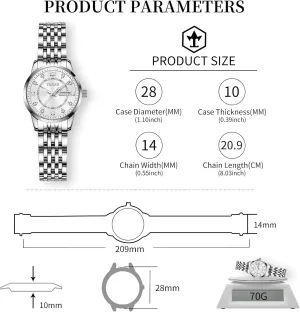 for Women White Face Diamond Dress Women Watch for Small Wrist Stainless Steel Day Date Womens Watches Arabic Number Easy Read estuarine Womens Watch Water Resistant Luminous Silver Watches 