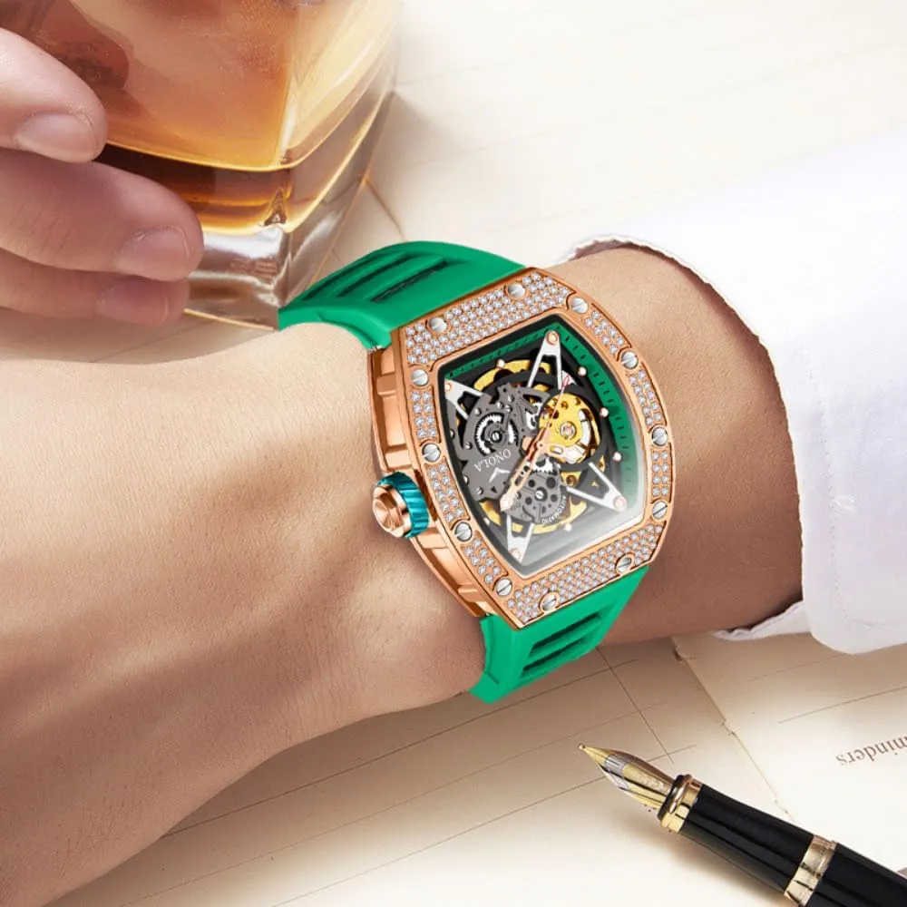 Full Diamond advisory swoop pliant Automatic Mechanical Watch for Men Unique Hollow Out Dial Waterproof Silicone Strap Wristwatch Luxury Fashion 
