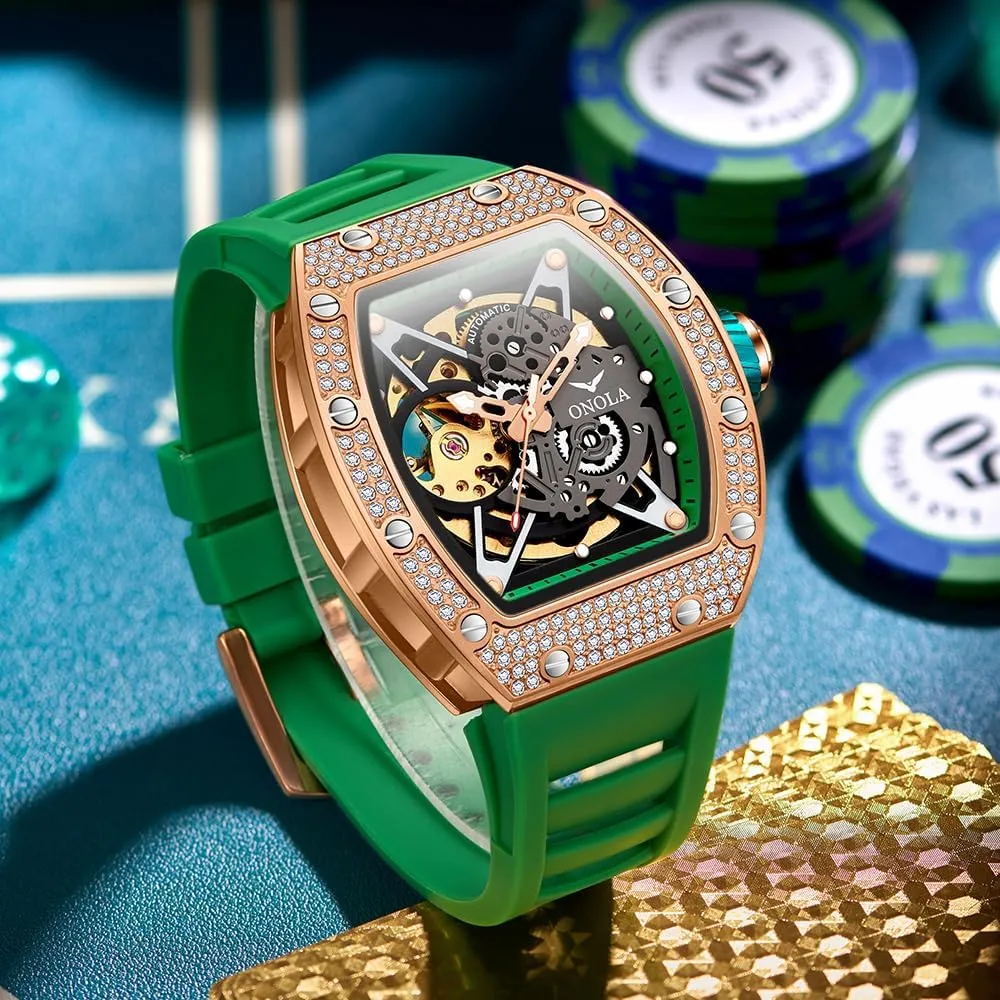Full Diamond advisory swoop pliant Automatic Mechanical Watch for Men Unique Hollow Out Dial Waterproof Silicone Strap Wristwatch Luxury Fashion 