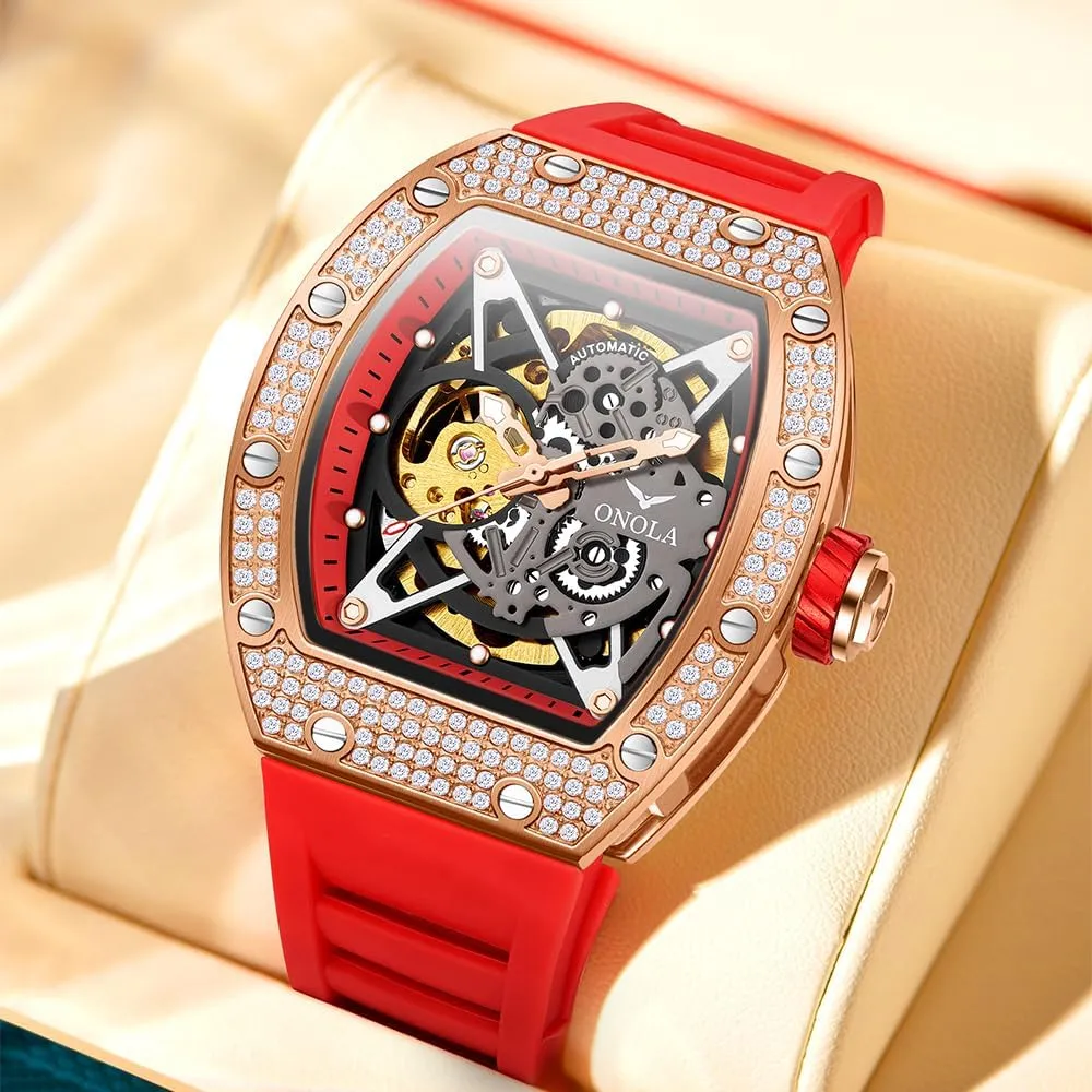 Full Diamond advisory swoop pliant Automatic Mechanical Watch for Men Unique Hollow Out Dial Waterproof Silicone Strap Wristwatch Luxury Fashion 