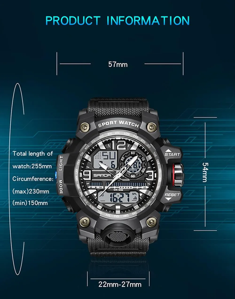 Function LED Alarm Stopwatch Fashion Male compaction Wristwatch Gosasa Military Men's Watches Sports Outdoor Chronography TPU Strap Dual Time Zone Waterproof Date Week Multi 