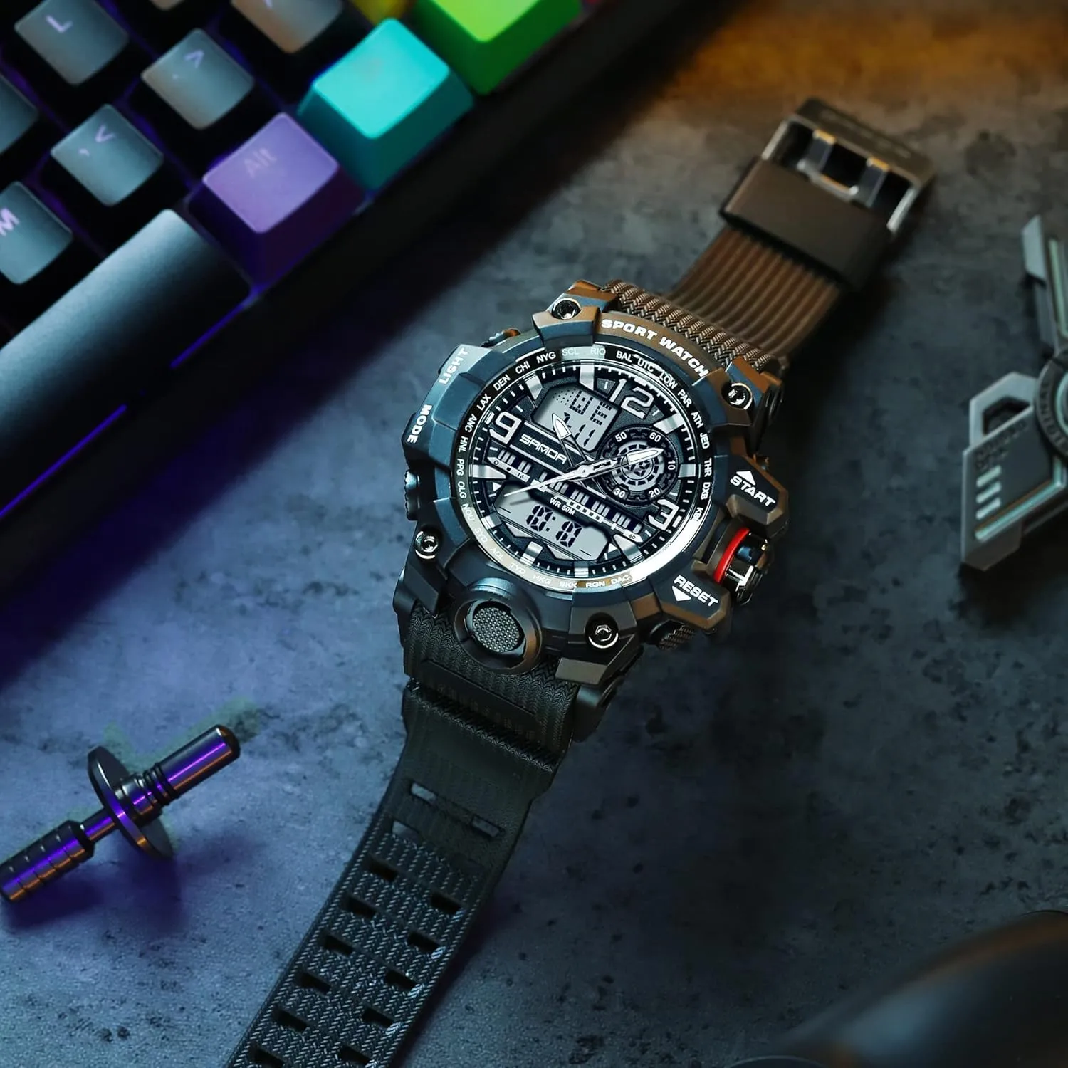 Function LED Alarm Stopwatch Fashion Male compaction Wristwatch Gosasa Military Men's Watches Sports Outdoor Chronography TPU Strap Dual Time Zone Waterproof Date Week Multi 