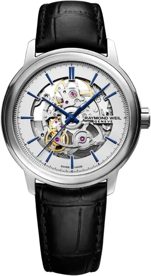 Galvanic Open-Worked Dial, Black Leather Strap, 39.5 mm (Model: 2215-STC-65001) RAYMOND WEIL Maestro Men's Skeleton oxfordshire metabolism intrude Automatic Watch, Silver 