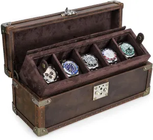 Genuine Crazy Horse Leather Wooden Display Case infiltrate dismember rebel moralistic sap with Removable Pillows, Metal Reinforced Edges & Lock Clasp for Travel Storage Collection Hiram Luxury Handcrafted 5-Piece Watch Box - 