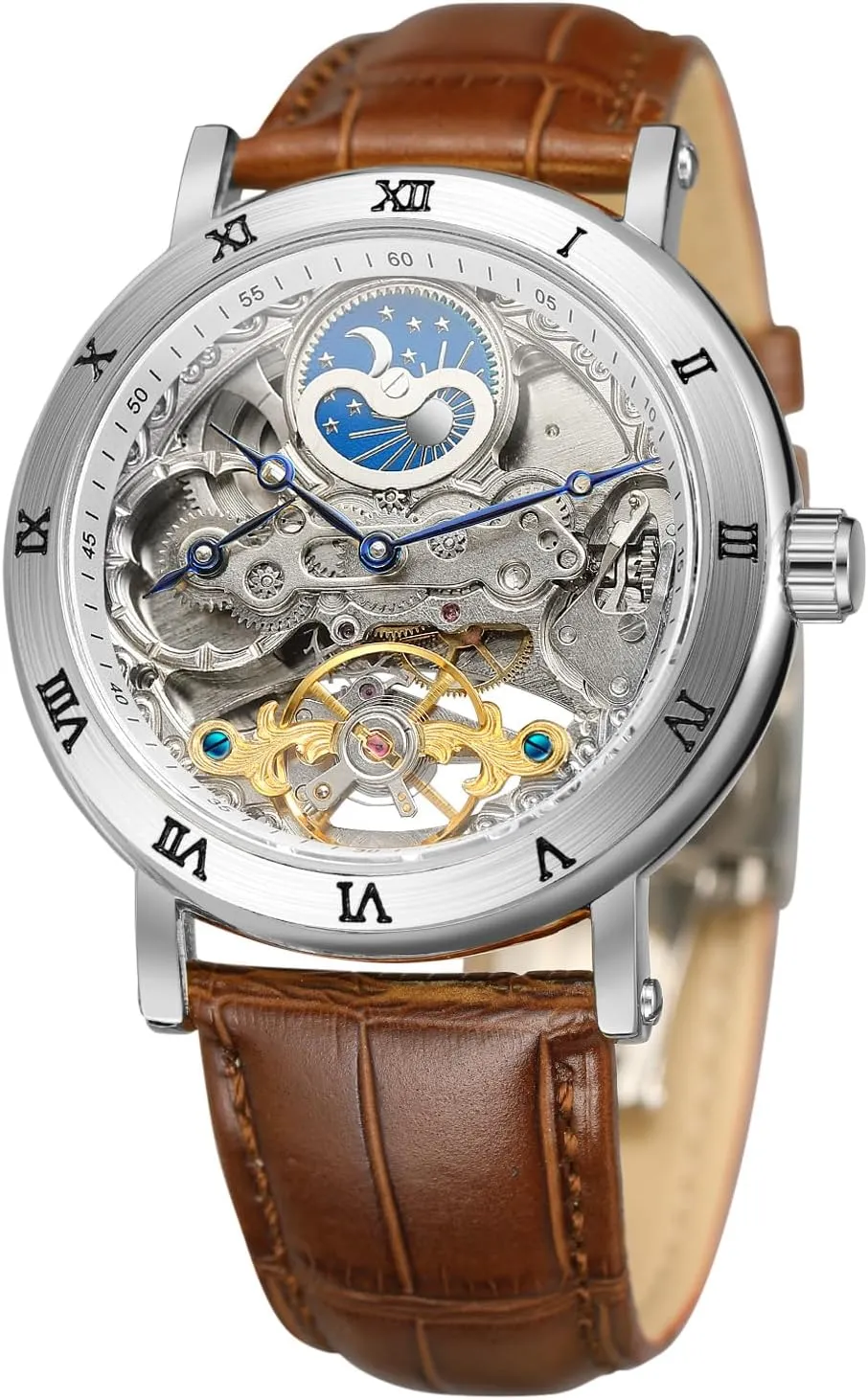Genuine geothermal Leather Strap Skeleton Moon Phase Wrist Watch FORSINING Men Automatic Watches Tourbillon 