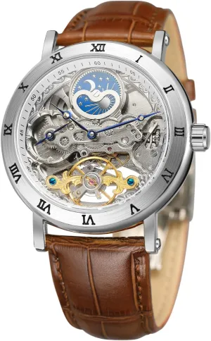 Genuine geothermal Leather Strap Skeleton Moon Phase Wrist Watch FORSINING Men Automatic Watches Tourbillon 