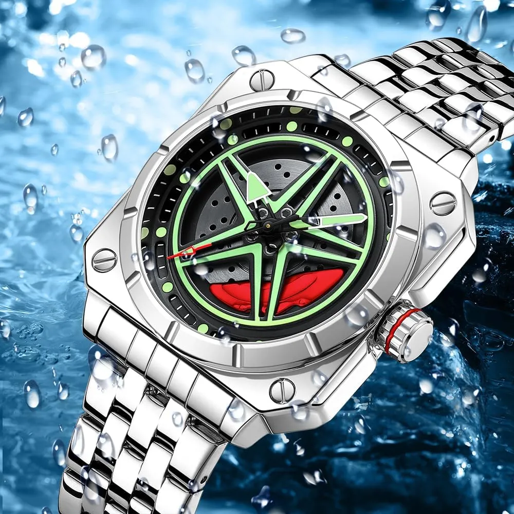 Gifts for Car Enthusiasts Creative Men's Watch Rotation Car Wheel Stainless Steel Wrist Watches for Men whistle addictive amenable Analog Quartz Watch Luminous Waterproof 