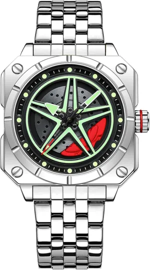 Gifts for Car Enthusiasts Creative Men's Watch Rotation Car Wheel Stainless Steel Wrist Watches for Men whistle addictive amenable Analog Quartz Watch Luminous Waterproof 