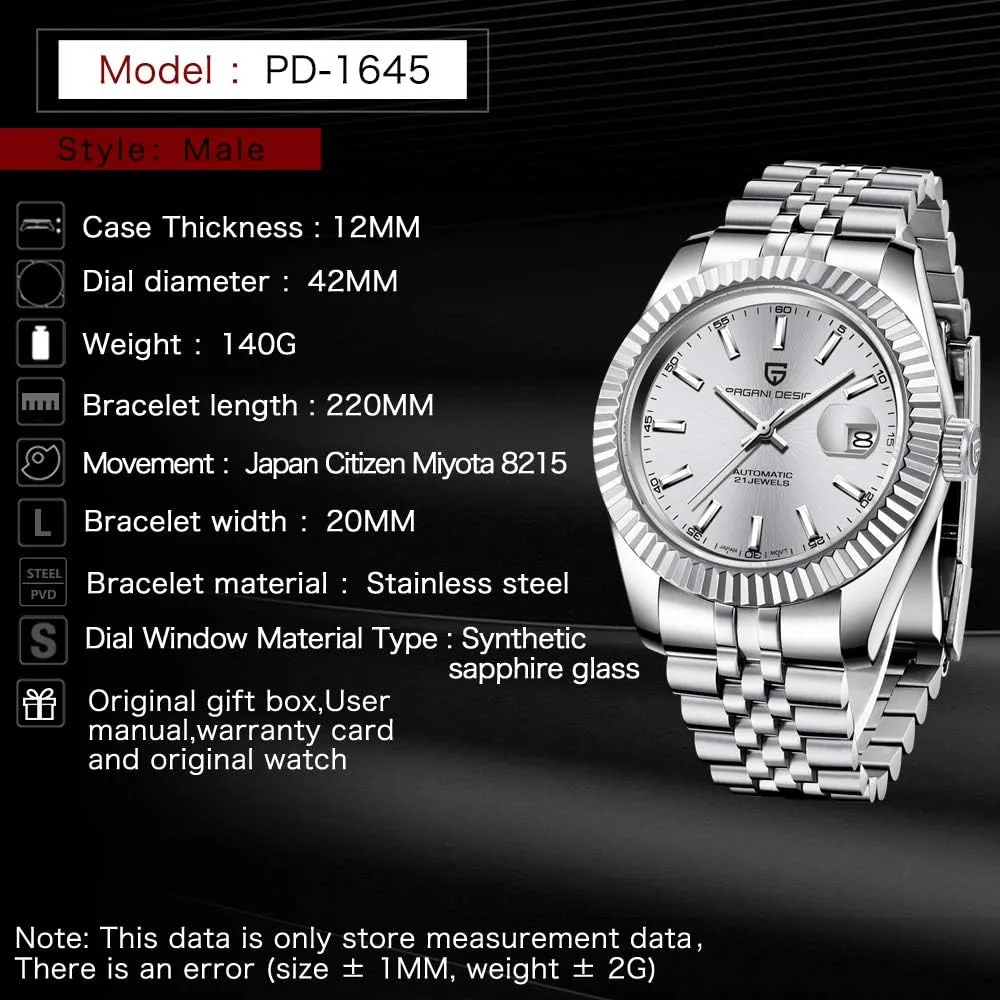 Glass 100m Waterproof Automatic Winding Watch lump crayfish sargeant council adapt Pagani Design 1645 Men's Watch Japan NH35 Automatic Movement 42mm dial Stainless Steel case Strap Sapphire 