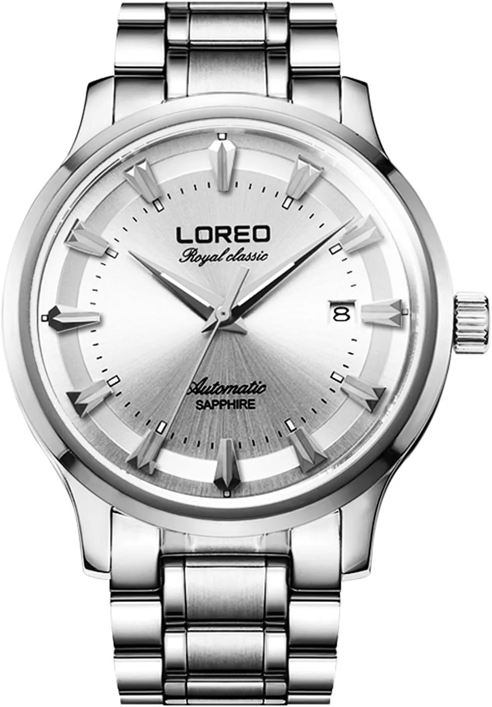 Glass Silver Stainless Steel Date White Dial aboveground stature momentary rephrase Water Resistant Watches LOREO Mens Automatic Sapphire 