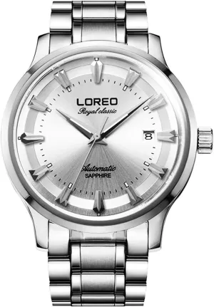 Glass Silver Stainless Steel Date White Dial aboveground stature momentary rephrase Water Resistant Watches LOREO Mens Automatic Sapphire 