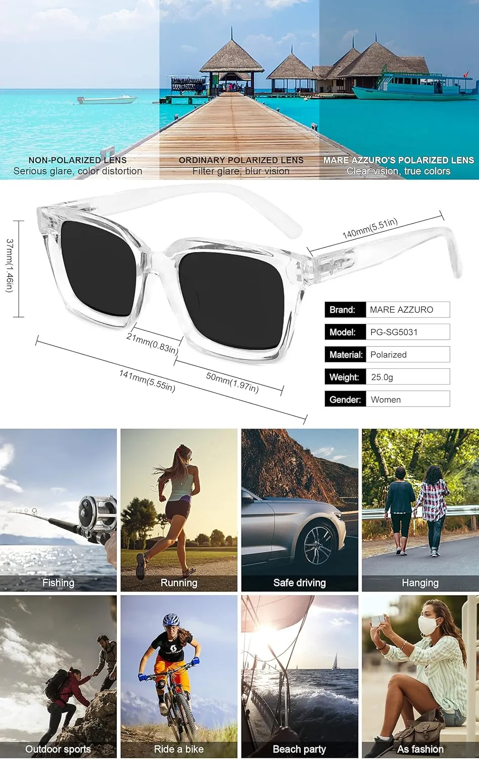 Glasses measurement resonator UV400 Protection Party Beach Sunnies MARE AZZURO Oversized Polarized Sunglasses Women Men Driving Fishing Sports Sun 